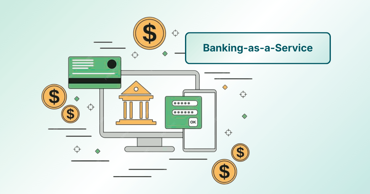 Illustration of "Banking-as-a-Service" with a Computer, Bank Icon, Credit Card, Mobile Device, and Dollar Signs