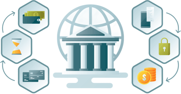 Illustration of a Bank Building Surrounded by Icons Representing Money, Security, Time, and Financial Transactions