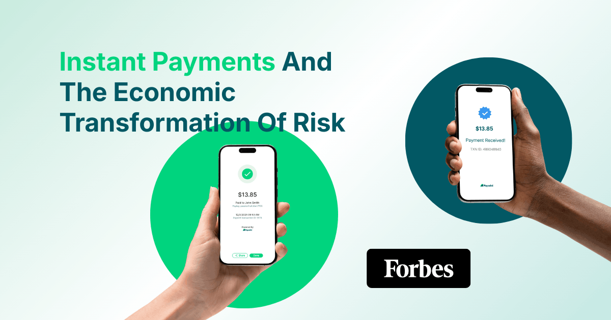 Two Hands Holding Smartphones Showing $13.85 Instant Payment Confirmations with Text About Instant Payments and Economic Risk Transformation