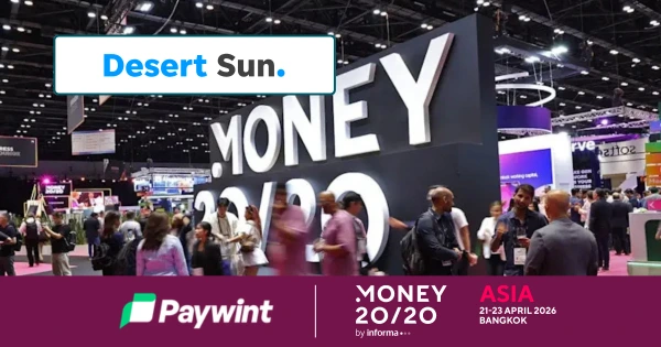 Crowd at the Money 20/20 Event in Bangkok, Featuring Large Signage and Various Exhibitors, with the Paywint Logo Displayed