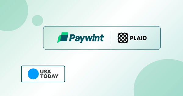Logos of Paywint and Plaid Are Centered Above a USA Today Logo, Set Against a Light, Abstract Background with Soft Shapes
