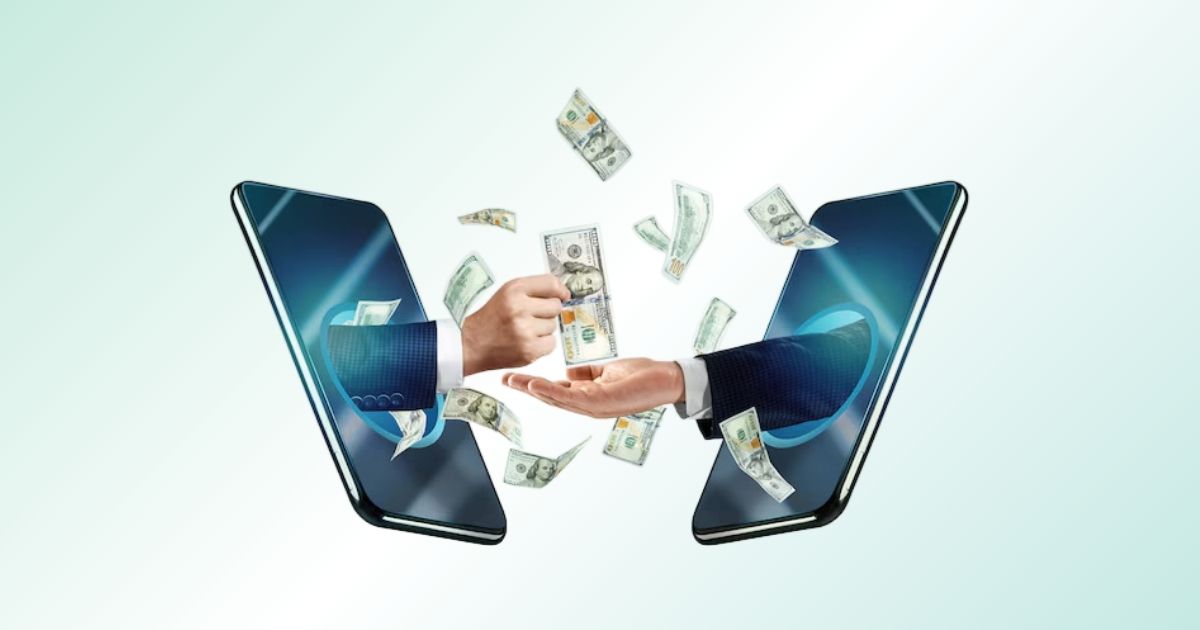 Two Hands Emerge from Smartphones, Exchanging Cash, with Flying Dollar Bills Surrounding Them, Symbolizing Digital Transactions