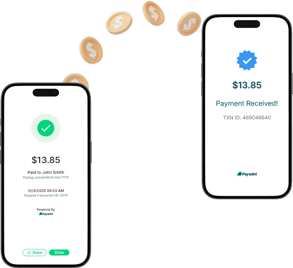 Two Smartphones Display a $13.85 Payment Transaction, with Digital Coins Floating Between Them. Payment Confirmed on Both Screens
