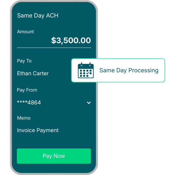 Mobile Payment Screen for a Same Day ACH Transfer of $3,500 to Ethan Carter with Invoice Payment Memo