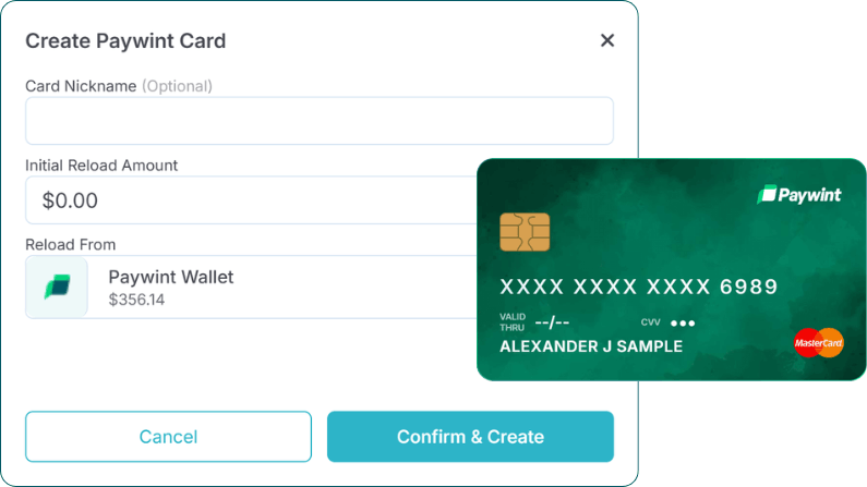 Interface Screen for Creating a Paywint Card with Fields for Nickname, Reload Amount, and Funding Source, Alongside a Sample Paywint Mastercard