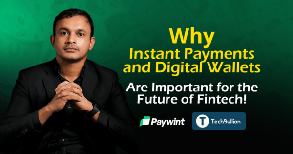 Person in Black Suit with Folded Hands Next to Text About the Importance of Instant Payments and Digital Wallets for Fintech Future