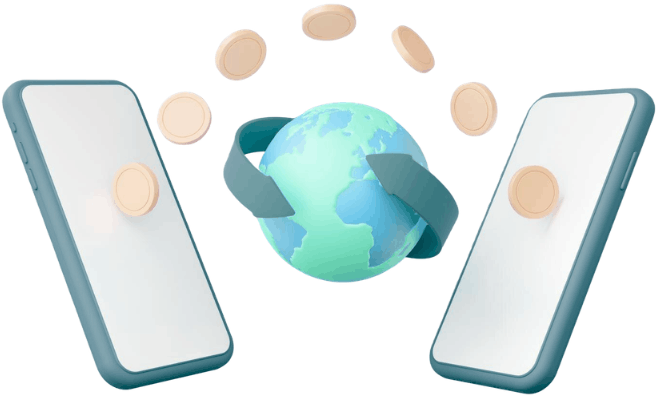 Cross-border Complexities Two Smartphones with Coins Transferring Around a Globe, Symbolizing Global Digital Money Transfer or Mobile Payments