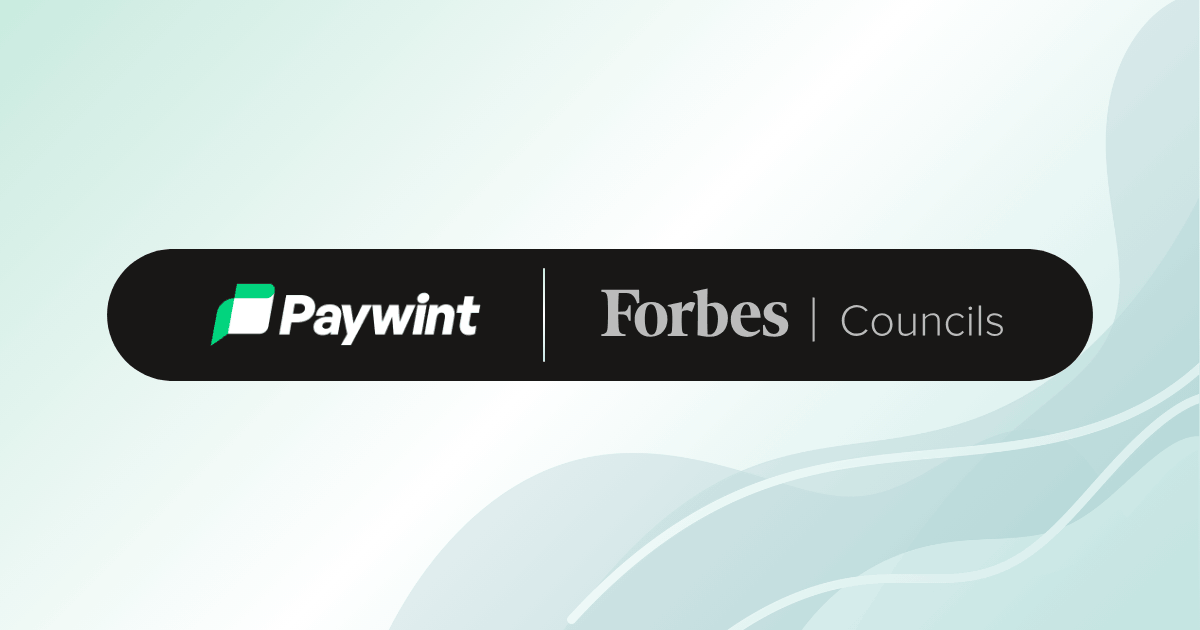 Paywint Logo Alongside Forbes Councils Text on a Black Rounded Rectangle with a Light Blue Abstract Background