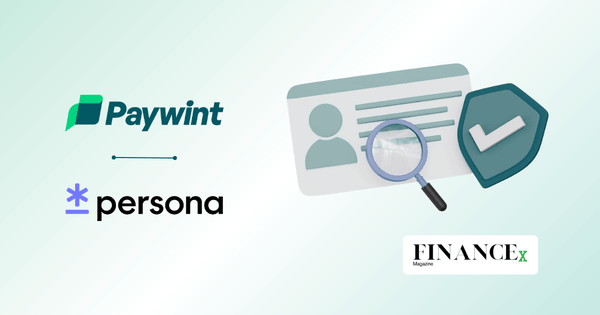 Logos of Paywint, Persona, and FINANCEX Magazine Alongside a Magnified ID Card and a Shield with a Checkmark Icon