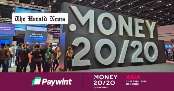 Large MONEY20/20 Sign at a Busy Conference with Attendees, Promoting the Asia Event in April 2026, Bangkok, Alongside Paywint and the Herald News Logos