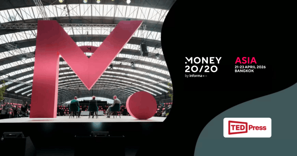 Large Red Money 20/20 Logo on Stage with Speakers, Event Details for Asia 2026 in Bangkok, and TED Press Branding