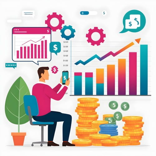 Person Using a Smartphone with Charts, Graphs, Gears, and Stacks of Coins Illustrating Financial Growth and Investment Progress