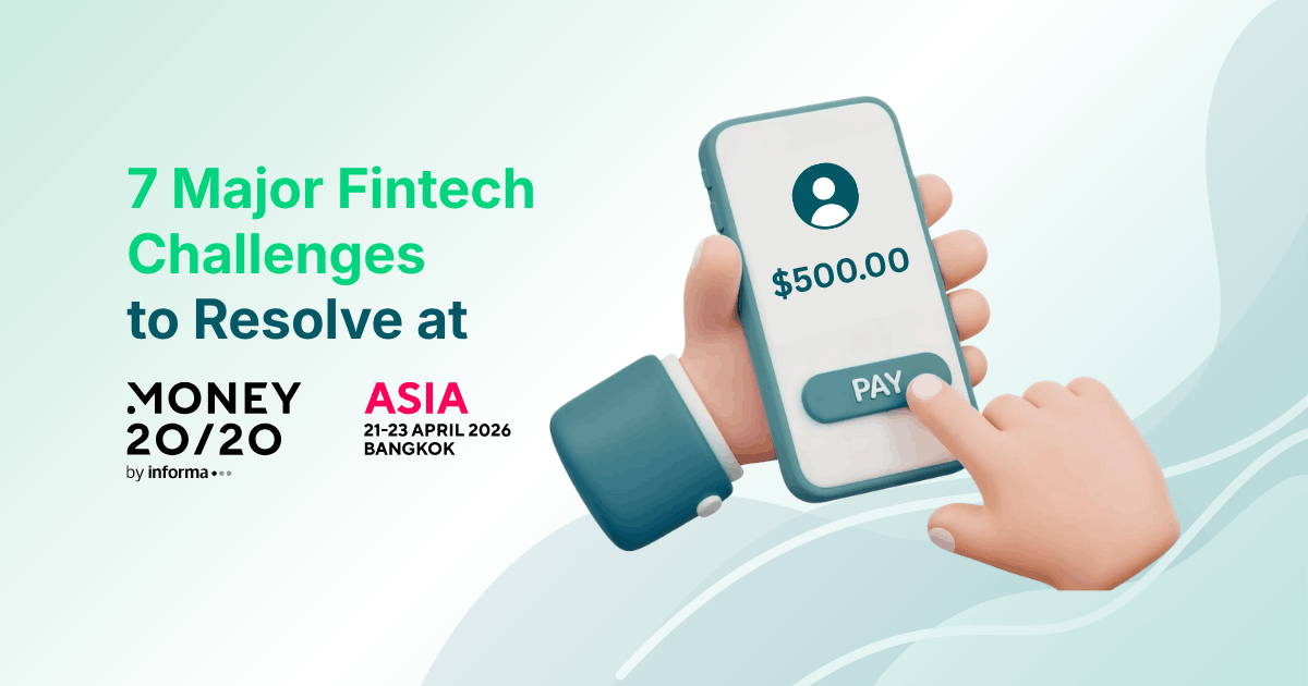 Top 7 Payment Challenges Fintech Companies Are Bringing to Money20/20 Asia Hand Holding a Smartphone Showing a $500 Payment Screen, Alongside Text Promoting Money 20/20 Asia Fintech Event in April 2026 Bangkok
