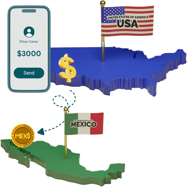 Illustration of Sending $3000 from USA to Mexico with Currency Symbols and Country Flags on 3D Maps