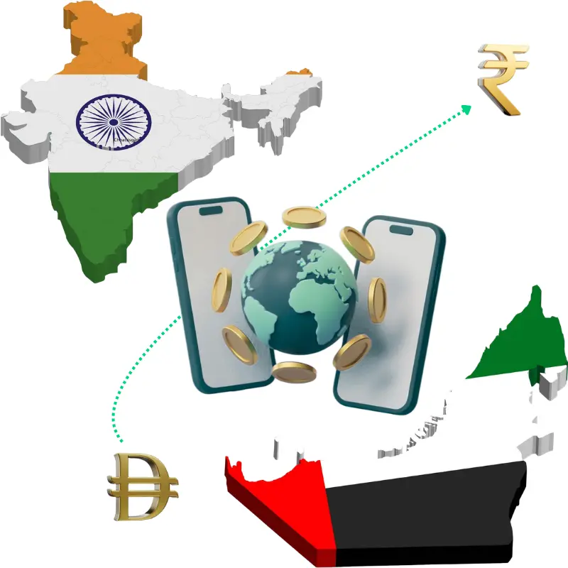 Fast Digital Payments for Families and Businesses Illustration of Global Digital Currency Transfer Between United Arab Emirates and India with Mobile Phones and Currency Symbols