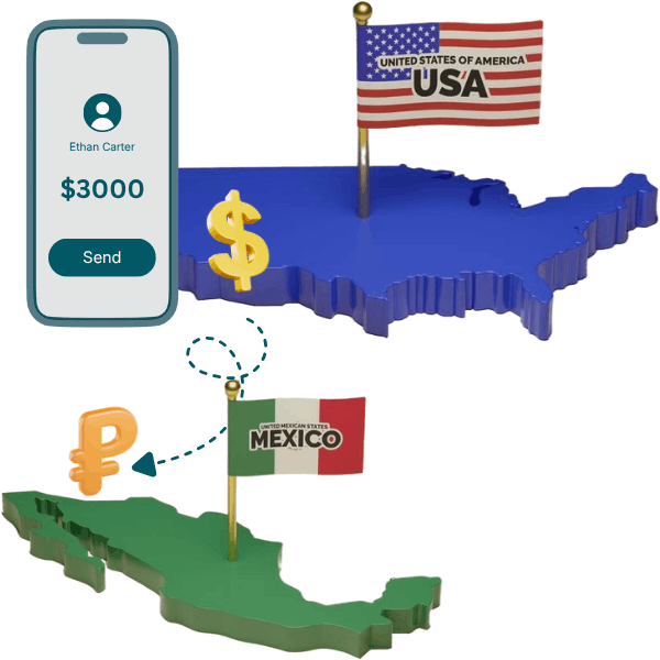 Illustration of Sending $3000 from USA to Mexico with Currency Symbols and Country Flags on 3D Maps