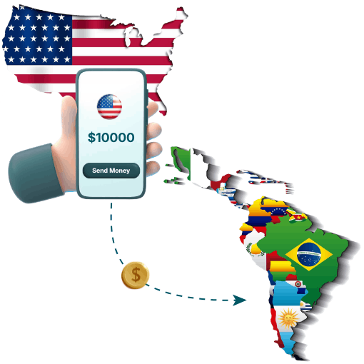 Flexible Payment Coverage Across Latin America Hand Holding Phone Showing $10,000 Transfer from USA to South America with Country Flags on the Map