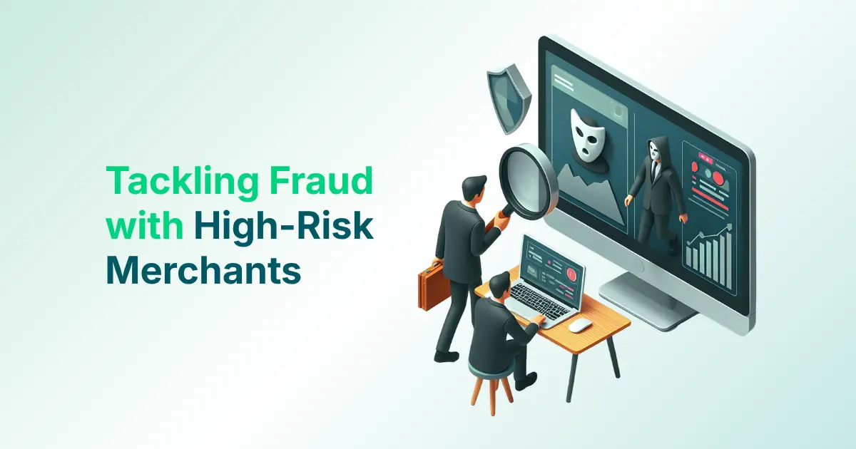 Two Businessmen Analyze Fraud Risk on a Computer Screen Showing a Masked Figure, Symbolizing Tackling Fraud with High-Risk Merchants