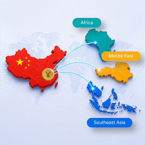 Modern Payments from China Across Three High-Growth Regions Map Showing China Connected by Currency Symbol to Africa, Middle East, and Southeast Asia Regions