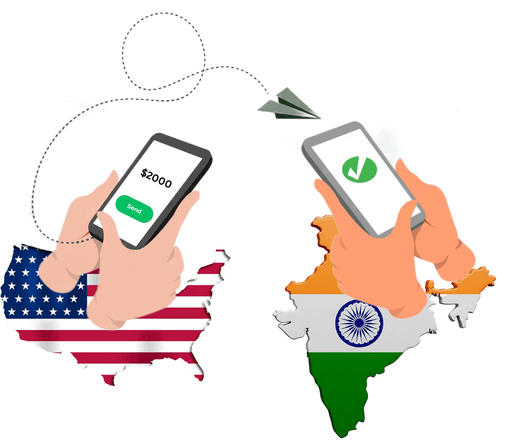 Modern USD to INR Transfers for Families and Businesses Illustration of Sending $3000 from USA to Mexico with Currency Symbols and Country Flags on 3D Maps