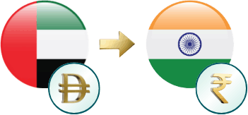 Flags of the UAE and India with Currency Symbols, Indicating Exchange or Conversion from UAE Dirham to Indian Rupee