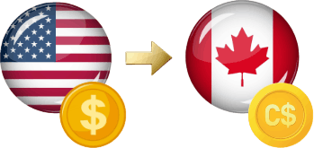 Icons of the US Flag with a Dollar Coin and an Arrow Pointing to the Canadian Flag with a Canadian Dollar Coin