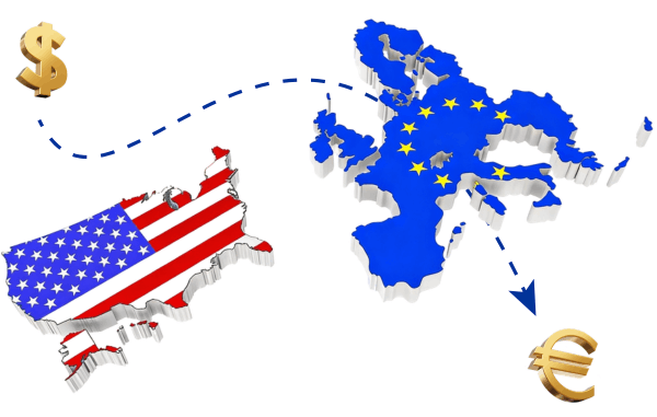 Send Money to Europe Your Way 3D Map of the US with Dollar Symbol Connected by Arrow to Europe Map with EU Stars and Euro Symbol, Symbolizing Currency Exchange