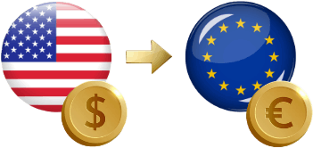 Send Money to Europe from USA Icons of US and EU Flags with Dollar and Euro Coins, Connected by a Right-Pointing Arrow Symbolizing Currency Exchange
