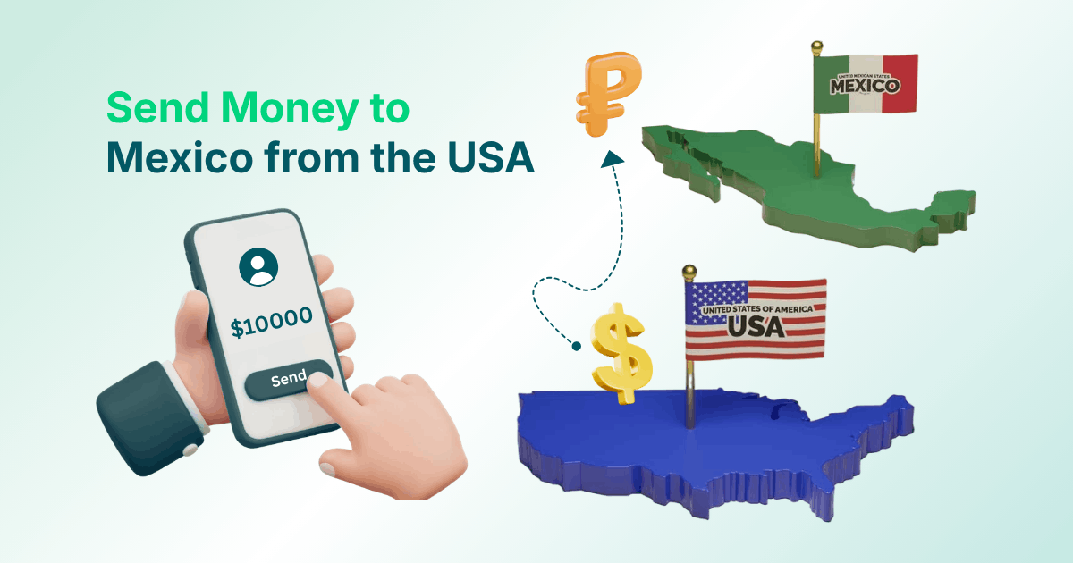Hand Holding Phone Sending $10,000 from USA to Mexico, with Currency Symbols and 3D Maps of Both Countries and Their Flags
