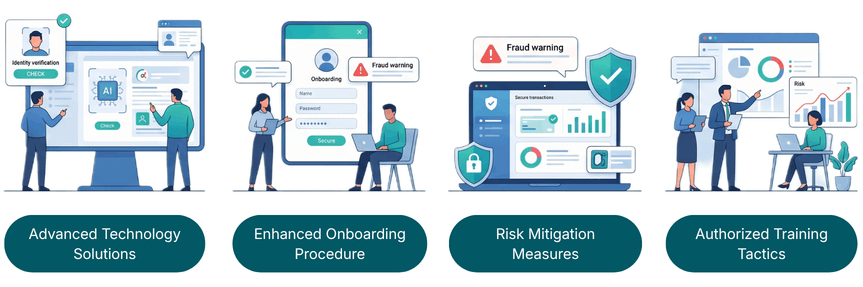 Illustrations of Identity Verification, Onboarding with Fraud Alerts, Risk Mitigation Dashboards, and Authorized Training in a Tech Environment