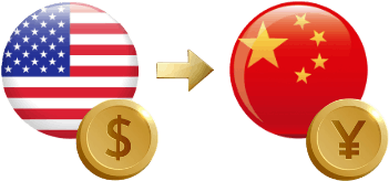 US Dollar to China RMB Transfers Icons of the US Flag with a Dollar Coin and an Arrow Pointing to the China Flag with a Yuan Coin, Representing Currency Exchange