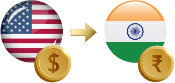 US Dollar to Indian Rupee Payment Infrastructure Flags of the USA and India with Gold Coins and an Arrow Indicating Currency Exchange from Dollars to Rupees