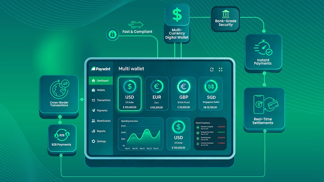 We Make Money Move Instantly & Safely Dashboard of a Multi-Currency Digital Wallet Showing USD, EUR, GBP, SGD Balances with Features Like Fast, Compliant, Secure, Instant Payments, and Real-Time Settlements