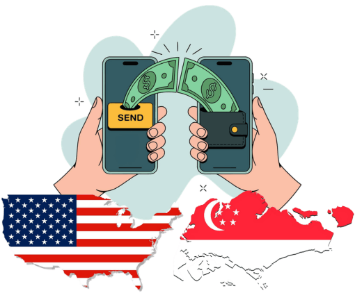 Fast International Transfers for Individuals and Businesses Two Hands Hold Smartphones with Cash and "Send" Button, Symbolizing Money Transfer Between the U.S. and Singapore. Maps of Both Countries Are Displayed Below