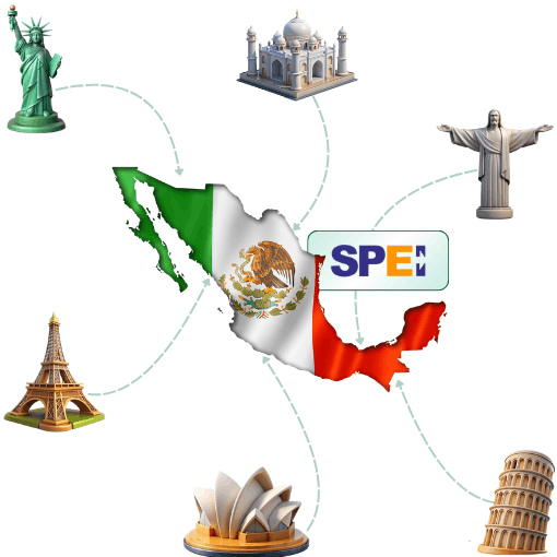 Fast MXN Payments for Businesses Worldwide Illustration of Sending $3000 from USA to Mexico with Currency Symbols and Country Flags on 3D Maps