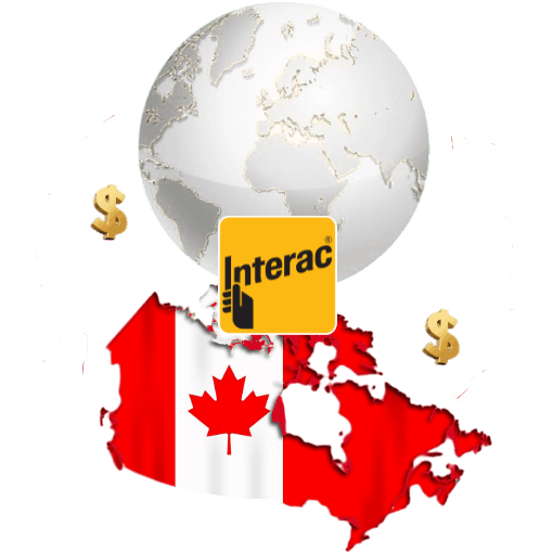 Interac Canada Illustration of a Red Canadian Map with a Maple Leaf, Interac Logo, Globe, Dollar Signs, and Circular Arrows Representing Global Money Transfer
