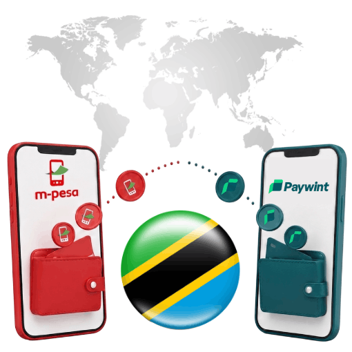 M-Pesa Tanzania Two Smartphones with Digital Wallets Showing M-Pesa and Paywint, Connected by the Tanzanian Flag and a World Map Background