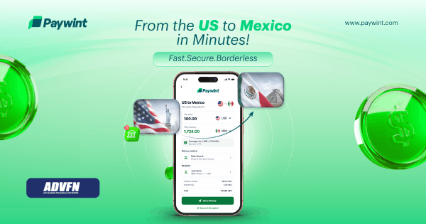 Paywint Evolves to Modernize the U.S.–Mexico Payment Corridor Paywint App Interface Showing Fast, Secure Money Transfer from the US to Mexico, with Flags and Currency Symbols on a Green Background