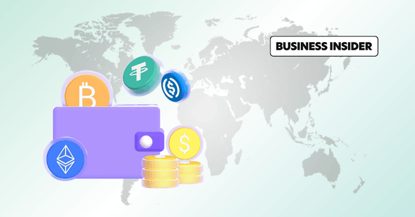 Illustration of a Digital Wallet with Cryptocurrency Symbols and Coins Against a World Map Background, Featuring Business Insider Logo