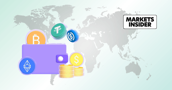 Illustration of a Digital Wallet with Cryptocurrency Symbols and Coins Against a World Map Background, Featuring Markets Insider Logo