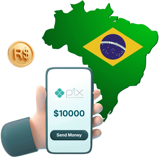 Pix Brazil Hand Holding Phone Showing Pix App Sending $10,000, with Brazil Map and Currency Symbol in Background