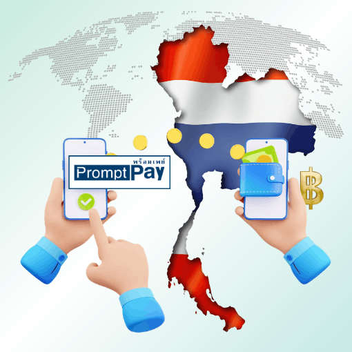 PromptPay Thailand Two Hands Hold Smartphones Showing the "PromptPay" Service Over a Map of Thailand with a Thai Flag Design. A Thai Baht Symbol Is Also Visible