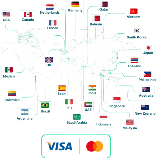 World Map with Country Flags Pointing to Locations, Including USA, Canada, Germany, Japan, and More. Visa and Mastercard Logos at the Bottom