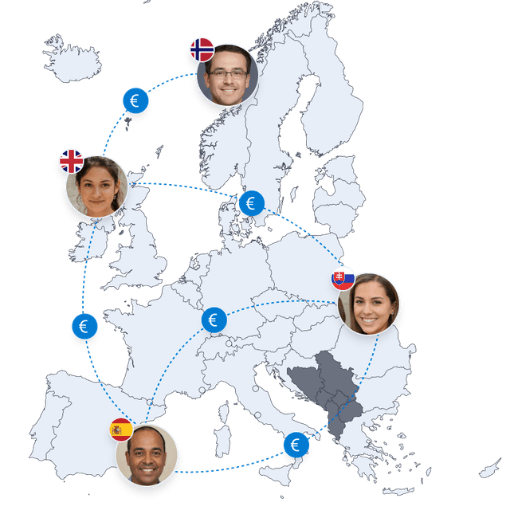 3D Map of the US with Dollar Symbol Connected by Arrow to Europe Map with EU Stars and Euro Symbol, Symbolizing Currency Exchange