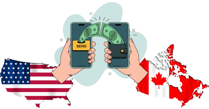 Ways to Send Money from the US to Canada Illustration of Money Transfer Between Smartphones Overlaid on Maps of the USA and Canada with Their Flags