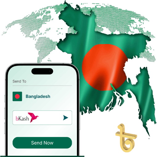 bKash Bangladesh Smartphone Showing bKash Money Transfer to Bangladesh with a Background of Bangladesh Map and Flag, and a Golden Currency Symbol