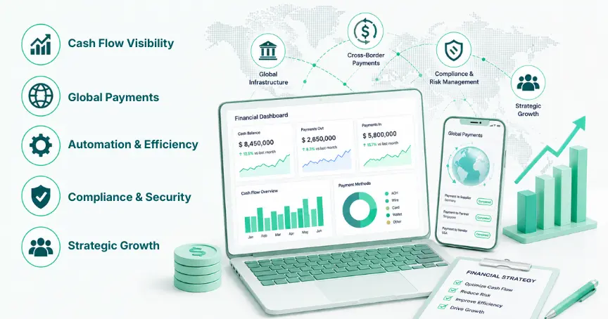 Expectations of Financial Control in Growth & Technology Illustration of Financial Dashboard Showing Cash Flow, Payments, Global Payments, Strategy, and Growth with Charts and Icons on Laptop and Smartphone