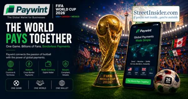 Paywint Promotional Graphic for FIFA World Cup 2026 Featuring the Trophy, Smartphone App, and Text About Global Payments