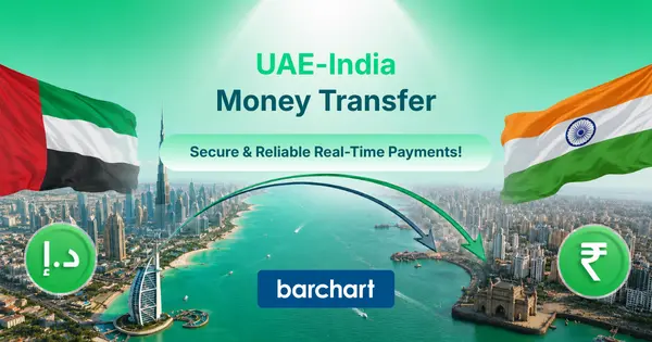 UAE and India Flags Over a Cityscape with Text "UAE-India Money Transfer." Arrows Indicate Currency Exchange, Conveying Secure and Reliable Payments