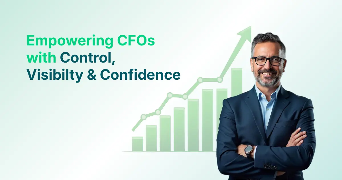 Smiling Businessman in Suit Stands with Arms Crossed Beside Rising Bar and Line Graph and Text About Empowering CFOs with Control and Confidence